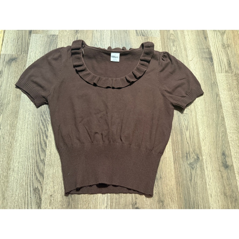 Nikka K Sweater Top Women XL Brown Adult Ruffle Neck Short Sleeve Knit Excellent